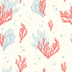 Underwater seamless pattern with repeated coral polyps, algae and seaweed. Aquatic colorful sketch ornament. Hand drawn marine flora and ocean wildlife print for textile, paper design, backgrounds.