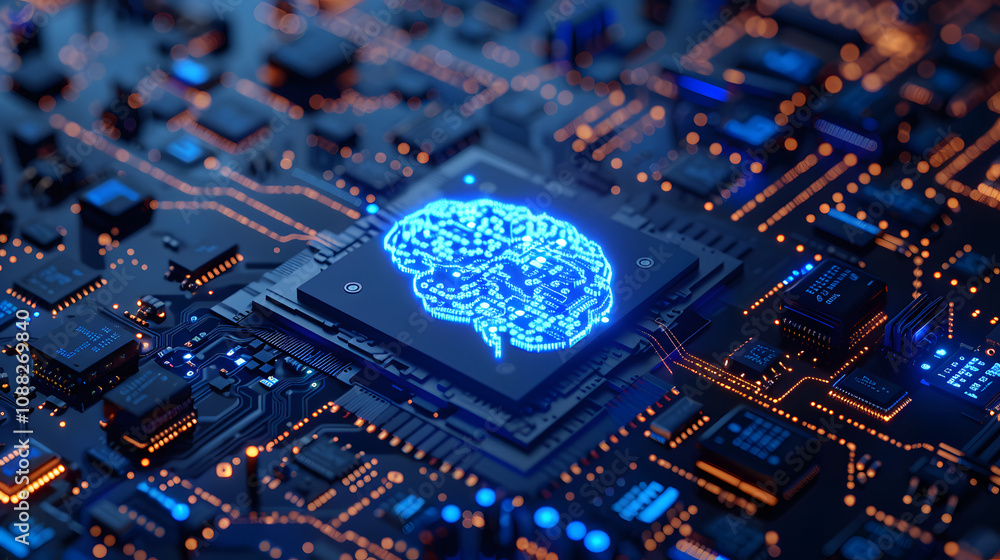 Aufkleber 3d rendering of artificial intelligence hardware concept. glowing blue brain circuit on microchip on