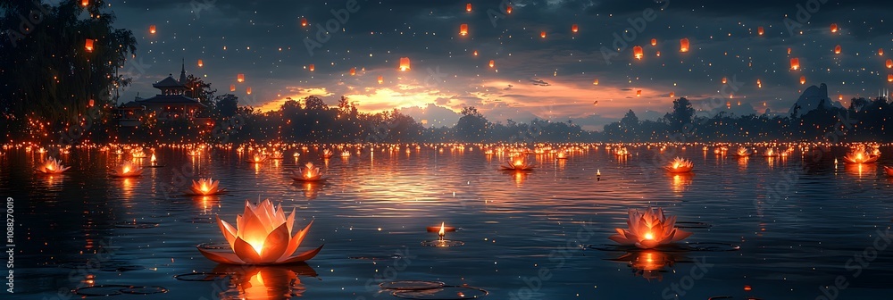 Poster serene loy krathong in thailand with floating illuminated lanterns and krathongs reflecting on the d