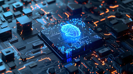 3D Rendering of Artificial Intelligence hardware concept. Glowing blue brain circuit on microchip on computer motherboard. For big data processing, ai trading, machine learning, tec