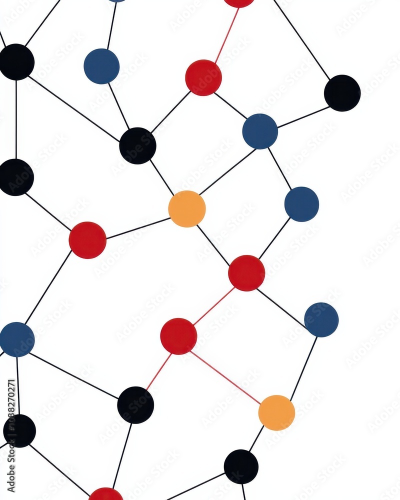 Poster abstract network design featuring colorful nodes connected by lines, representing data, connections,