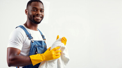 Smiling black man wearing bright yellow gloves holds a white cloth against off-white background. Space for text