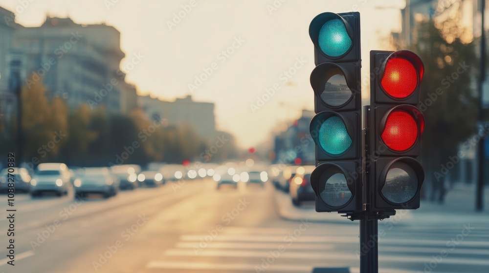 Poster A sophisticated AI-powered smart traffic signal system for urban environments, modern city intersection with intelligent traffic signals for optimizing vehicle flow and reducing congestion