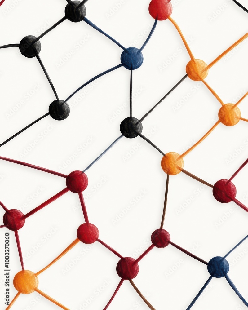 Poster a colorful network of interconnected nodes and lines, resembling a molecular or abstract design, sho
