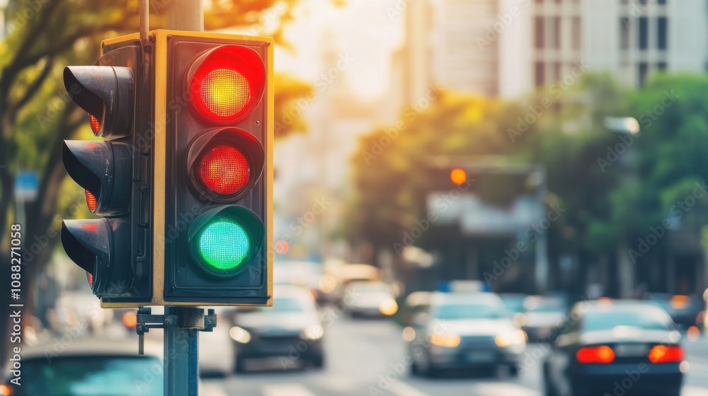 Leinwandbilder A sophisticated AI-powered smart traffic signal system for urban environments, modern city intersection with intelligent traffic signals for optimizing vehicle flow and reducing congestion