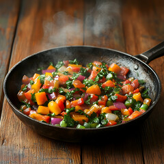 Steaming sauteed bell peppers, onions, and kale in a cast iron skillet on a rustic wooden surface.