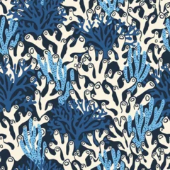 Underwater seamless pattern with repeated coral polyps, algae and seaweed. Aquatic colorful sketch ornament. Hand drawn marine flora and ocean wildlife print for textile, paper design, backgrounds.