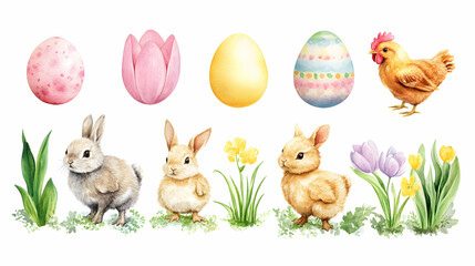 Watercolor Illustration of Easter Bunnies, Eggs, Flowers, and a Chicken on a White Background