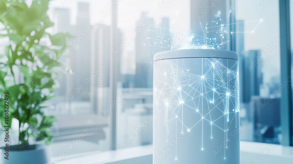 Poster a sophisticated ai-powered smart water filtration system for urban areas, modern city environment wi