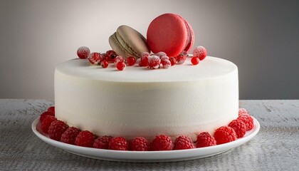 Tasty white homemade cake decorated by red berries and macaron