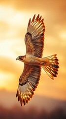 Fototapeta premium A majestic eagle soaring high above the clouds, its wings spread wide as it captures and carries away food in its beak, 