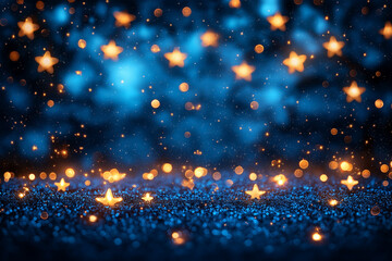 Fototapeta premium Illustration Blue background with stars and swirling light points in a fantasy style inspired by fairy tales. The sky is full of stars.