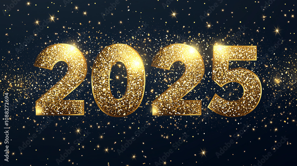 Wall mural 2025 happy new year abstract shiny gold glitter wave with bokeh design element