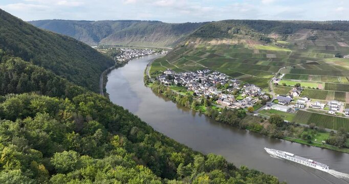 Aerial drone video of a valley in the town of Beilstein on the Moselle river in the German state of Rhineland Palatinate.