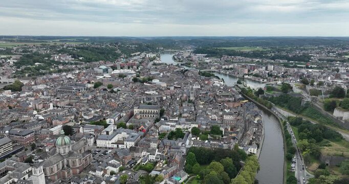 Namur, Belgium, city center overview, urban environment. Aerial drone video