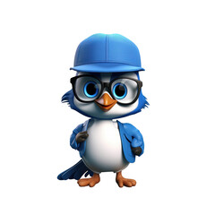 Obraz premium cute 3d cartoon blue jay wearing hat and glasses isolated on transparent background