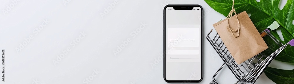 Poster advertising mockup of a phone prototype displaying an e-commerce app interface on a clean white back
