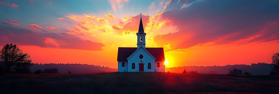 Majestic silhouette of a grand cathedral rising against a dramatic vibrant sunset sky  The isolated background provides ample copy space for spiritual or religious text invoking a sense of devotion
