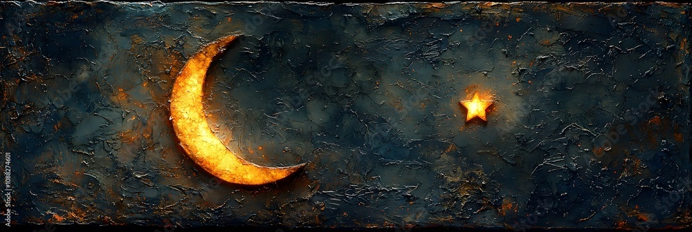 Poster elegant crescent moon and star symbol with glowing light isolated on a dark background large copy sp