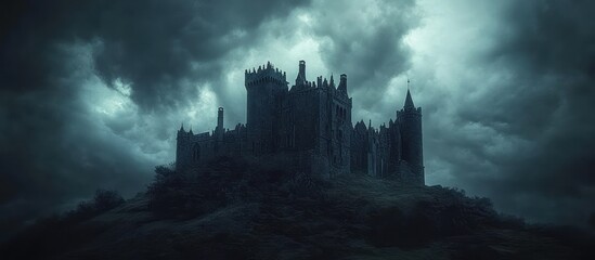 A dark and mysterious castle stands on a hilltop, shrouded in ominous clouds.