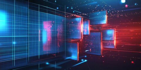 Futuristic digital document management system with abstract network grid structure for corporate paperless office organization.