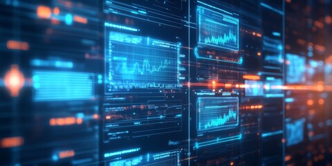 Obraz premium Digital Document Management System: Abstract Network Grid with Files, Folders, and Futuristic Interface for Corporate Business Paperless Office.