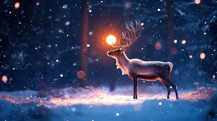 Enchanted Reindeer in Snowy Field: A Magical Poster for Sporty Interiors, Featuring a Glowing Orb in Antlers and a Mystical Forest Background