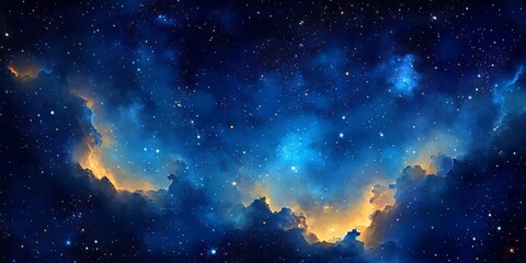 Fototapeta premium Blue Watercolor Galaxy Background with Stars and Nebulae, Dark Blue Gradient Starry Sky Watercolor Banner