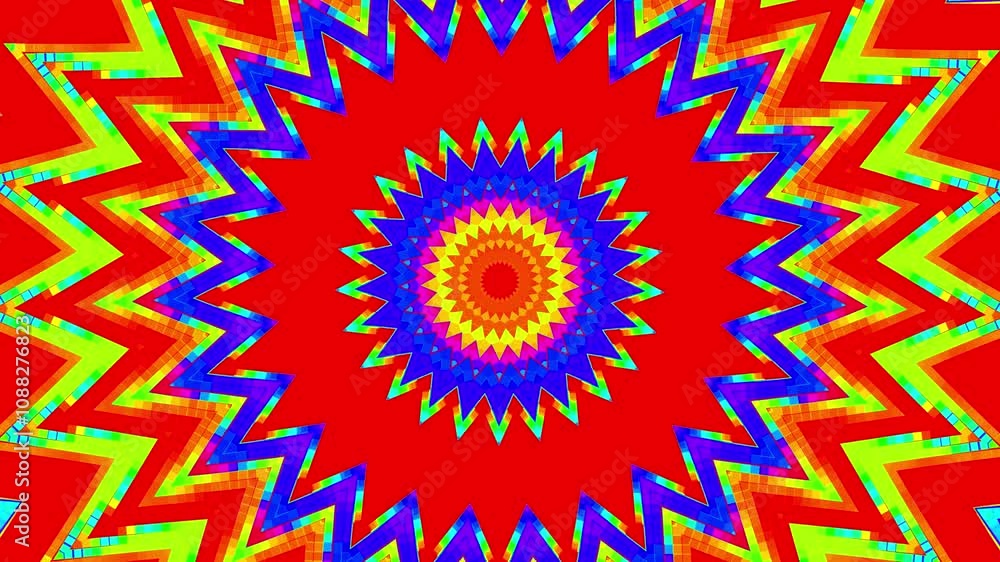 Poster a bright yellow and red circle with a red dot in the center. the circle is surrounded by red and yel
