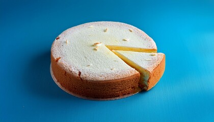 Delicious cut cake cut on blue background