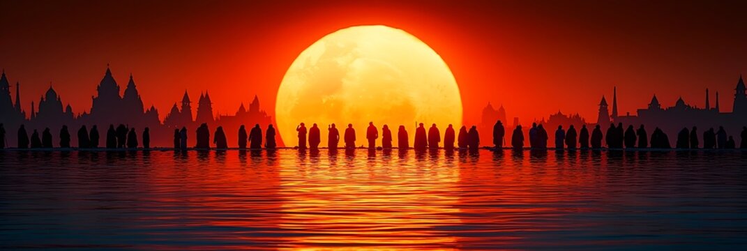 Pilgrims gathered along the sacred Ganga river during a tranquil sunset set against an isolated background with ample copy space for spiritual or religious text