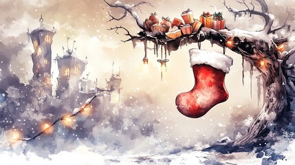 Cozy Winter Wonderland: A Festive Red Stocking Filled with Holiday Treats Hangs from a Tree, Perfect for Your Sports Interior Poster or Holiday Decor!