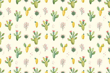 Fototapeta premium Cactus and Floral Seamless Pattern, 300 DPI, CMYK Print-Ready
