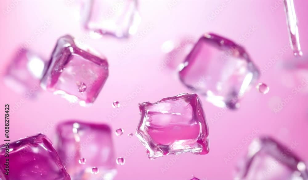 Poster floating ice cubes in pink water create refreshing scene with transparent droplets.