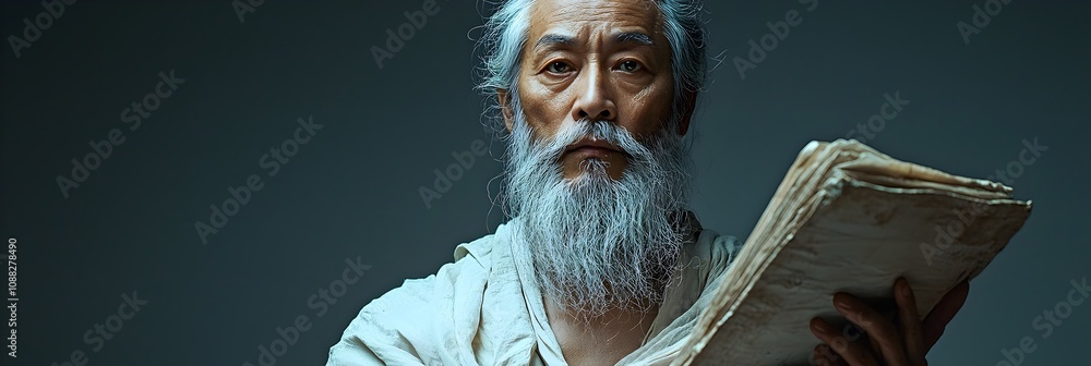 Poster scholarly confucian contemplation with ancient texts isolated on a clean background ample copy space