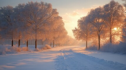 Enchanting Winter Wonderland: A Magical Frozen Landscape at Sunset
