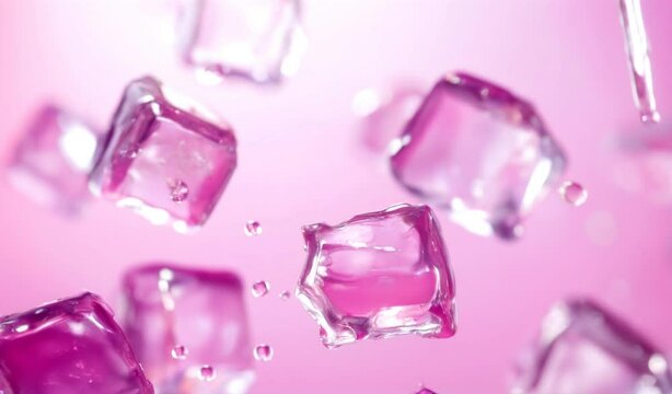 Floating ice cubes in pink water create refreshing scene with transparent droplets.