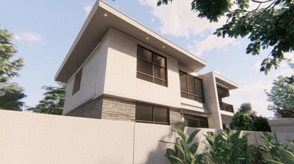 Modern two-story house with sleek design and surrounding greenery.