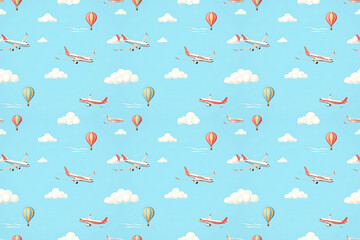 Seamless Pattern: Airplanes and Hot Air Balloons in the Sky (300 DPI, CMYK)