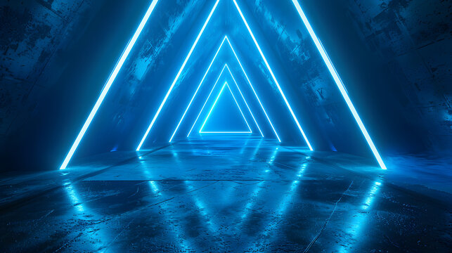 Abstract blue futuristic background. Space from glowing neon light tubes of astera on a black background. Abstract technology. Tunnel interior view from a triangle. Led lamp. 3d ren