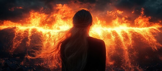 Woman Facing A Wall Of Fire