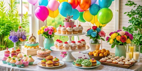 Fototapeta premium Elegant Dessert Table with Cakes, Cupcakes, Cookies Surrounded by Colorful Balloons and Flowers for Parties and Celebrations