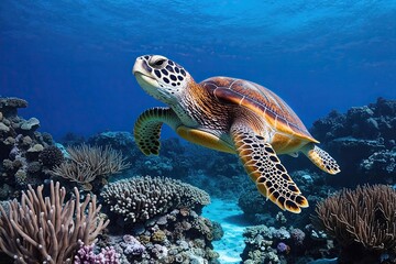 Obraz premium Vibrant Turtle Swimming in Coral Reefs Underwater Landscape