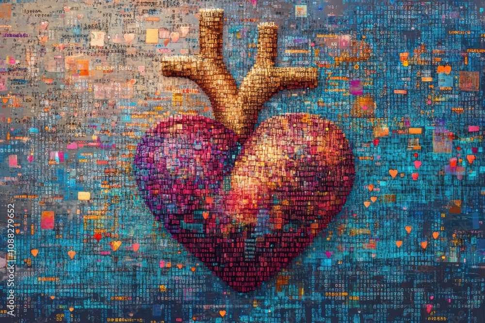 Aufkleber a human heart is depicted at the center, intricately surrounded by colorful digital code, symbolizin