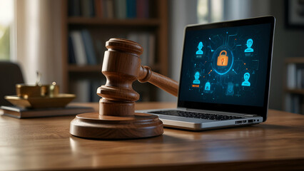 A judge's computerized gavel with a An example of a modern smart home, internet, connectivity, network, wireless device, and Wi-Fi access concept is a wifi router.code Legal Systems and Artificial Int