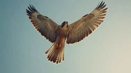 A majestic falcon flying high in the dynamic sky during sun rise time, natural lighting,