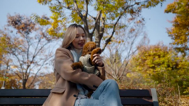 Cheerful Happy Woman Holding Toy Poodle Dog on Knees Waving Doggy's Paw Making bye-bye or Hello Gesture Sitting on Bench in Autumn City Park - low angle