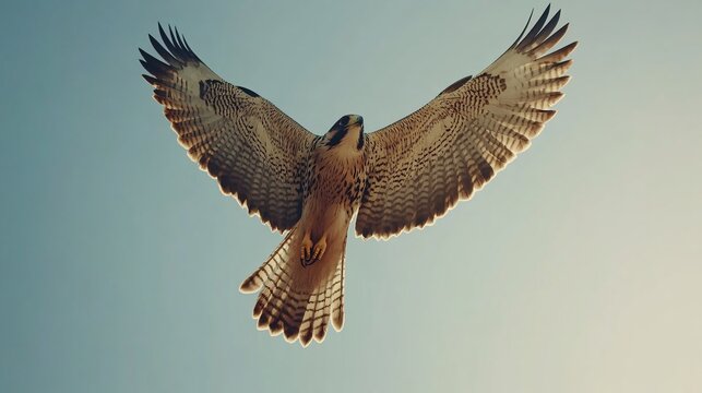 A majestic falcon flying high in the dynamic sky during sun rise time, natural lighting,