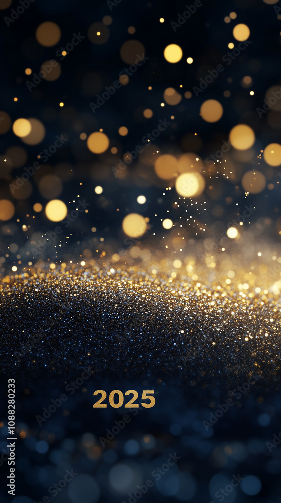 Wall mural 2025 happy new year abstract shiny gold glitter wave with bokeh design element