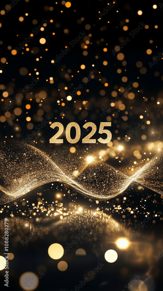 Wall mural 2025 happy new year abstract shiny gold glitter wave with bokeh design element